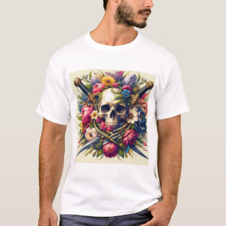 Camiseta Diseño de Calaveras, Flores y Espadas 