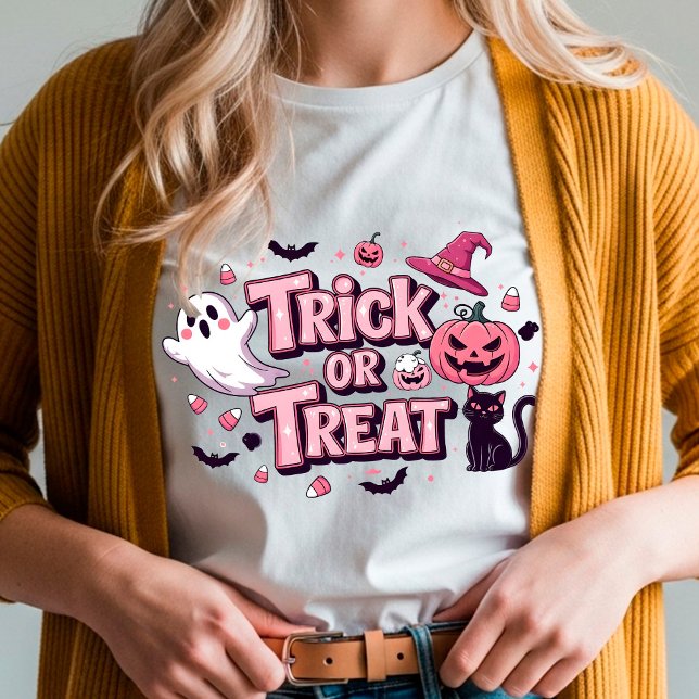 Camiseta Diseño rosa de Halloween "Trick or Trea" Fantasma (Criador carregado)