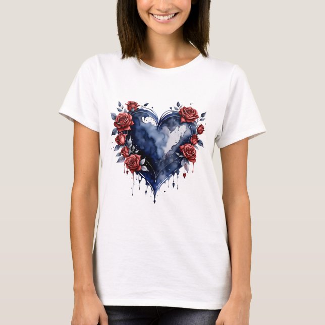 Camiseta Disposição Elegante de rosa com folhagem de ouro (Frente)