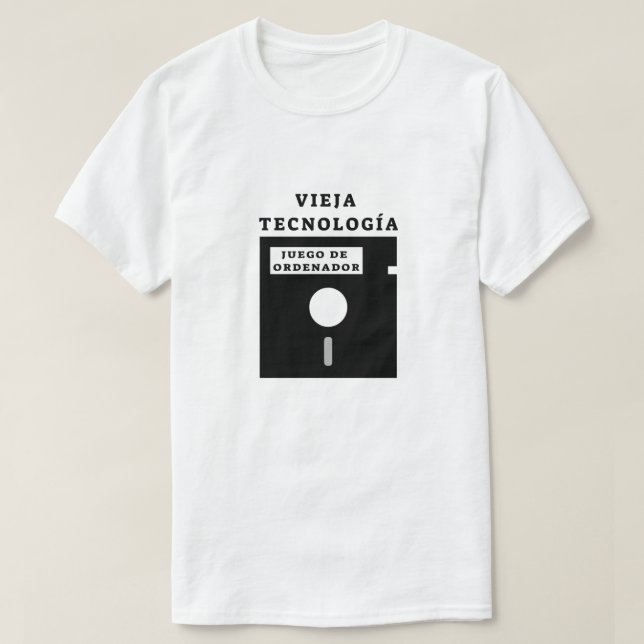 Camiseta disquete antigo e texto espanhol: vieja tecnologia (Frente do Design)