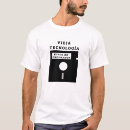 Camiseta disquete antigo e texto espanhol: vieja tecnologia