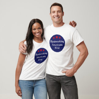 Camiseta Distintivo Patriótico Primeiro Americanos Trabalha