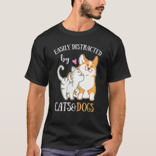 Camiseta Distraído Facilmente Por Gatos E Cães Corgi Kitten