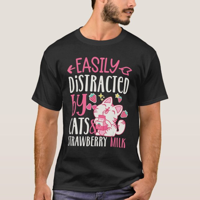 Camiseta Distraído Facilmente Por Gatos E Leite De Morango (Frente)