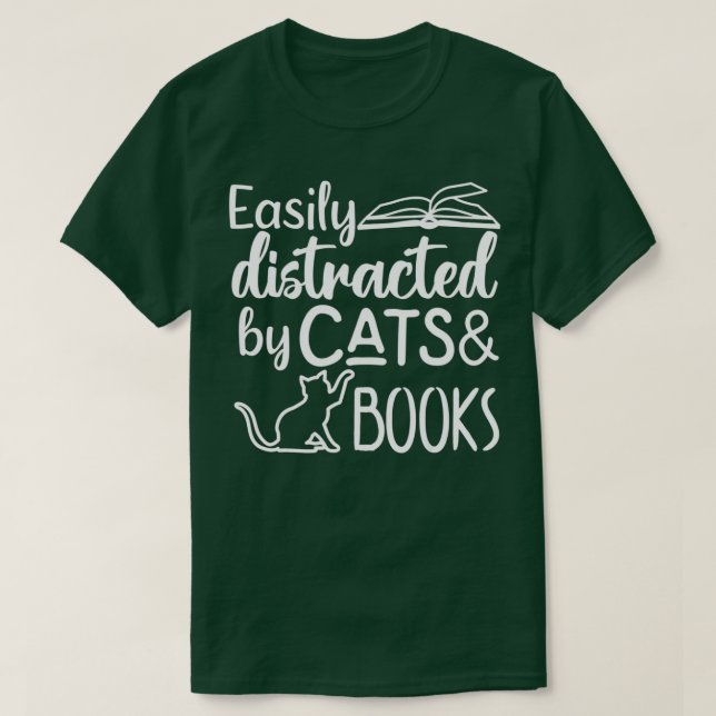 Camiseta Distraído facilmente por Gatos e Livros - Cat & Bo (Frente do Design)