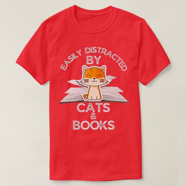 Camiseta Distraído Facilmente Por Gatos e Livros Engraçado  (Frente do Design)