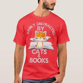 Camiseta Distraído Facilmente Por Gatos e Livros Engraçado 