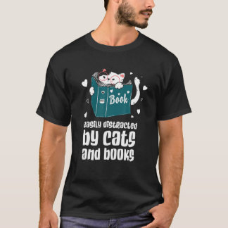 Camiseta Distraído Facilmente Por Gatos E Livros Gato E Liv