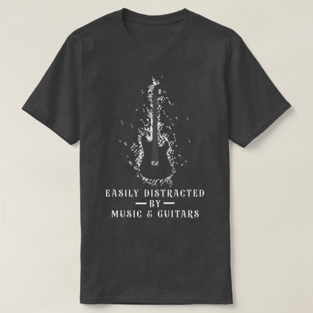 Camiseta Distraído facilmente por música e violões (Frente do Design)