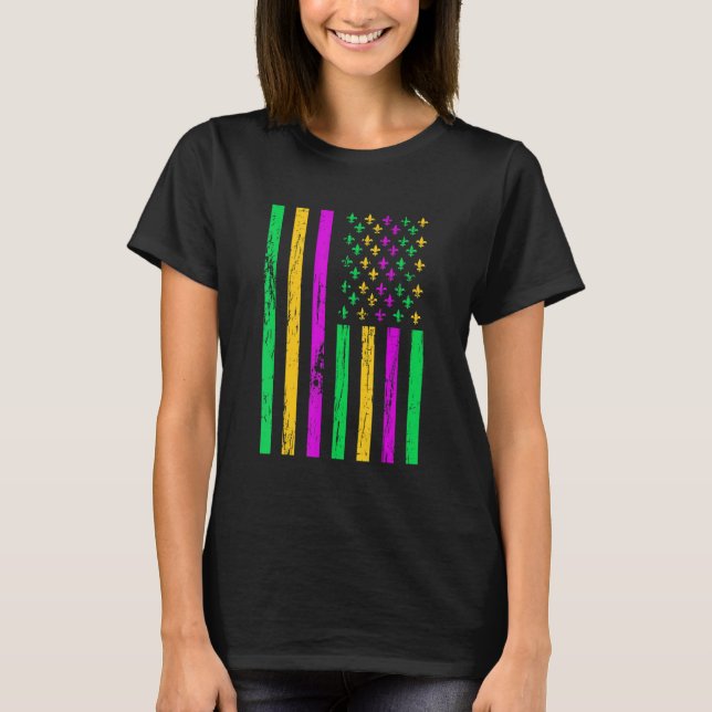 Camiseta Distressed Mardi Gras American US Flag Carnival Fe (Frente)
