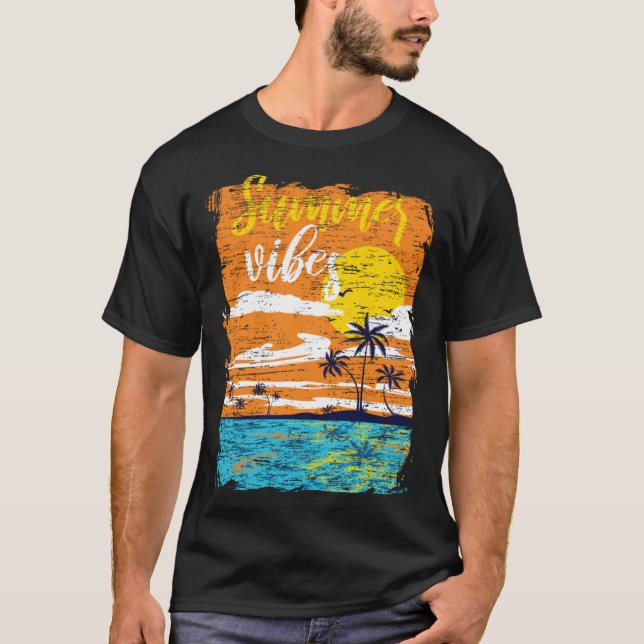 Camiseta Distressed Summer Vibes Retro Sunset Beach Palm Tr (Frente)