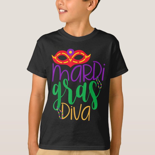 Camiseta Diva do Mardi Gras - Design de Máscara e Contas  (Frente)