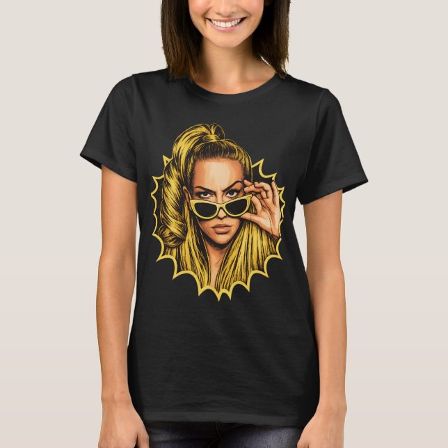 Camiseta Diva Pop-Art Dourada – Estilo de Quadrinhos Retrô (Frente)