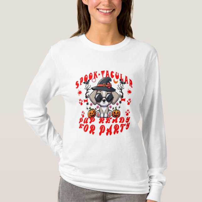 Camiseta Diversão de Design de Abóbora de Cachorro de Hallo (Frente)