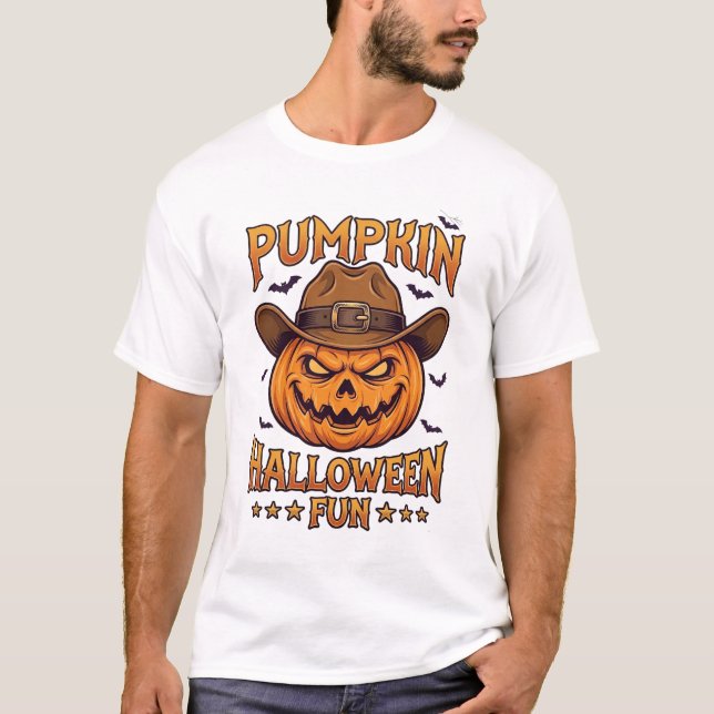 Camiseta Diversão de Halloween de Abóbora Lanterna de Jack  (Frente)