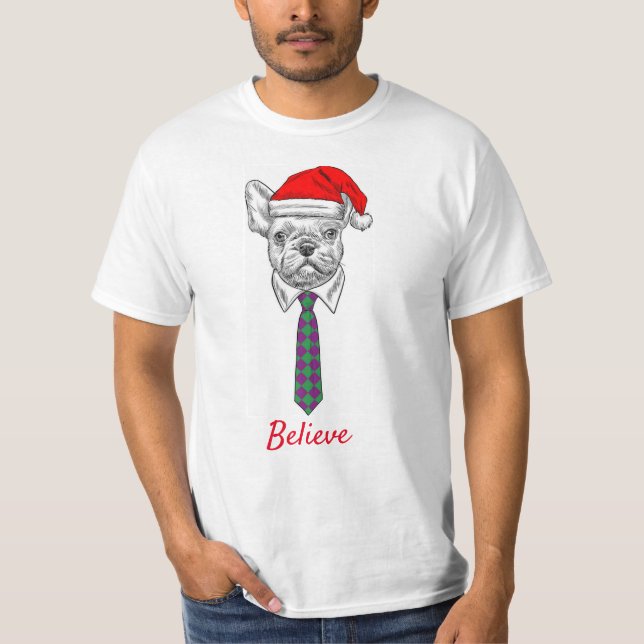 Camiseta Diversão do cachorro de Natal vestindo chapéu de P (Frente)