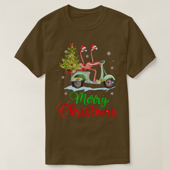 Camiseta Diversão Flamingo Santa Hat Xmas Light Motobike Ch (Frente do Design)