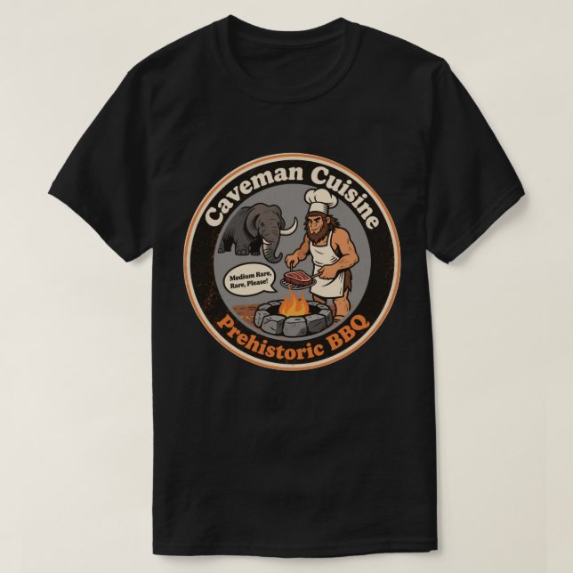 Camiseta Diversão Hilária com Churrasco Pré-Histórico (Frente do Design)