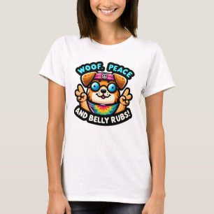Camiseta Diversão Hippie dos Anos 60 "Cachorro Paz e Carinh