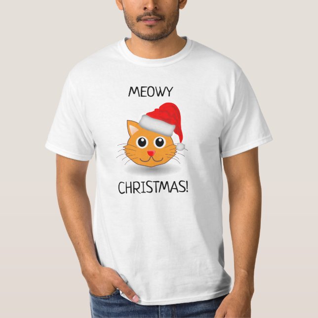 Camiseta Diversão Laranja Cat Meowy Natal Mens T-Shirt (Frente)