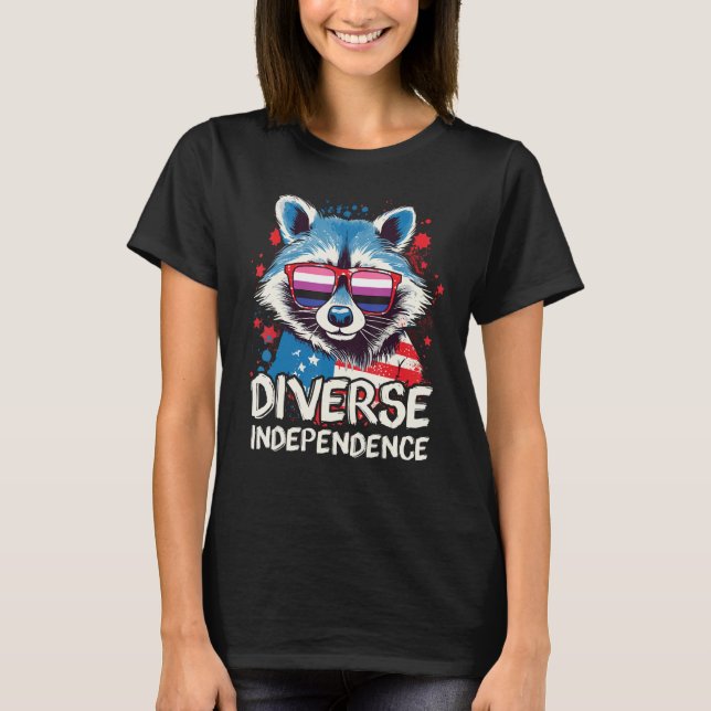 Camiseta Diverse Independence  Raccoon Gender Fluid Sunglas (Frente)