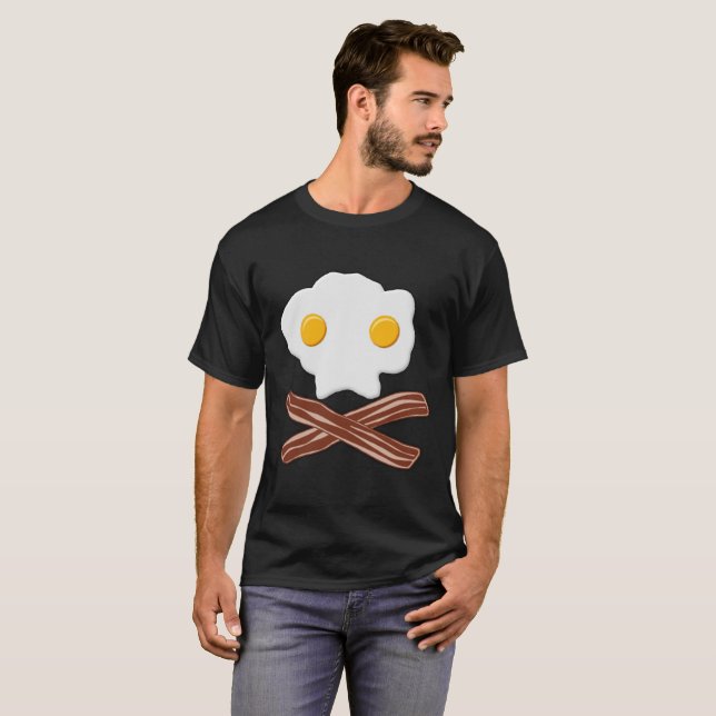 Camiseta Divertida Caveira com Ovos e Bacon Preta (Frente Completa)