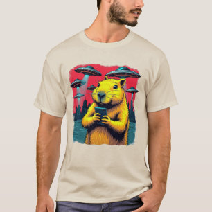 Camiseta Divertida de Capivara com Selfie e OVNIs