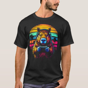 Camiseta Divertida de Capivara Fones de Ouvido Con