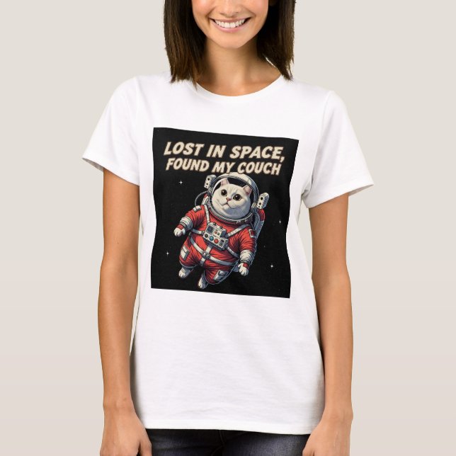 Camiseta Divertida de Gato Astronauta: Perdido no  (Frente)
