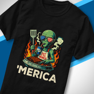 Camiseta Divertido BBQ Americano Alienígena Grelhando Patri