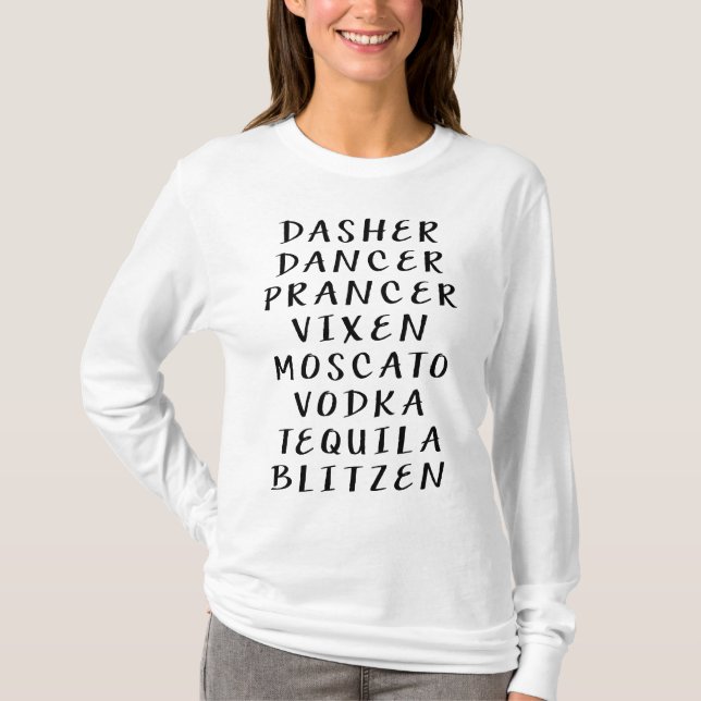 Camiseta Divertido Dasher Dancer Prancer Bebendo Natal (Frente)