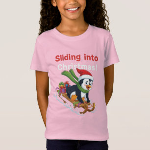 Camiseta Divertido Deslizando para o Natal Adorável Pinguim