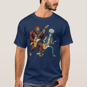 Camiseta Divertido e Alien Joga Música Rock de Guitarra Mús