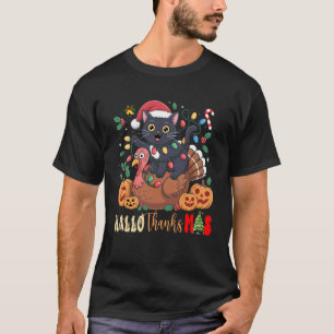 Camiseta Divertido HalloThanksMas Gato Preto Chapéu de Papa