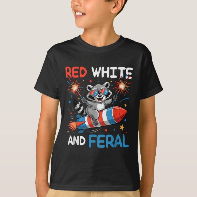 Camiseta Divertido Mapache Feral Rojo Blanco &amp; 4 De Jul (Frente)