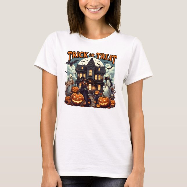 Camiseta Divertimento de Halloween com abóboras e fantasmas (Frente)