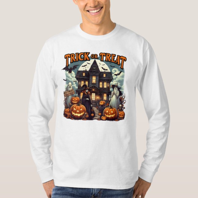 Camiseta Divertimento de Halloween com abóboras e fantasmas (Frente)