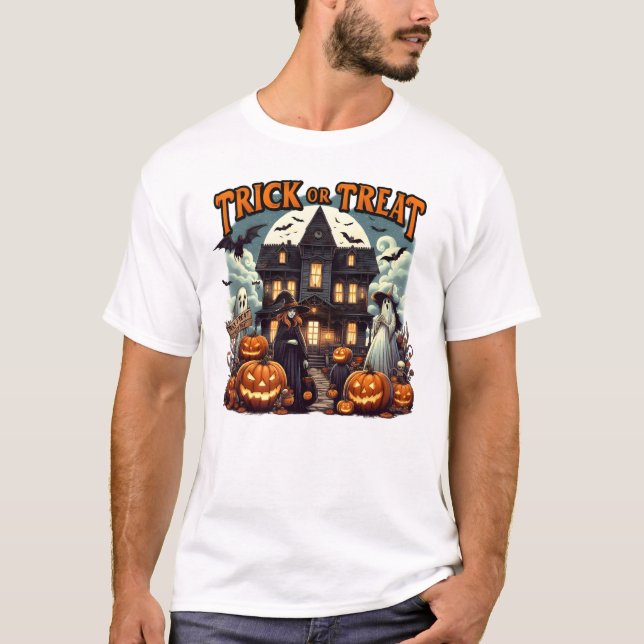 Camiseta Divertimento de Halloween com abóboras e fantasmas (Frente)