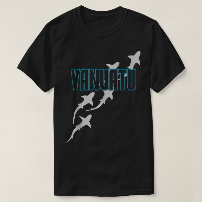 Camiseta Divisor de Scuba em Vanuatu Scuba com Tubarões Van (Frente do Design)