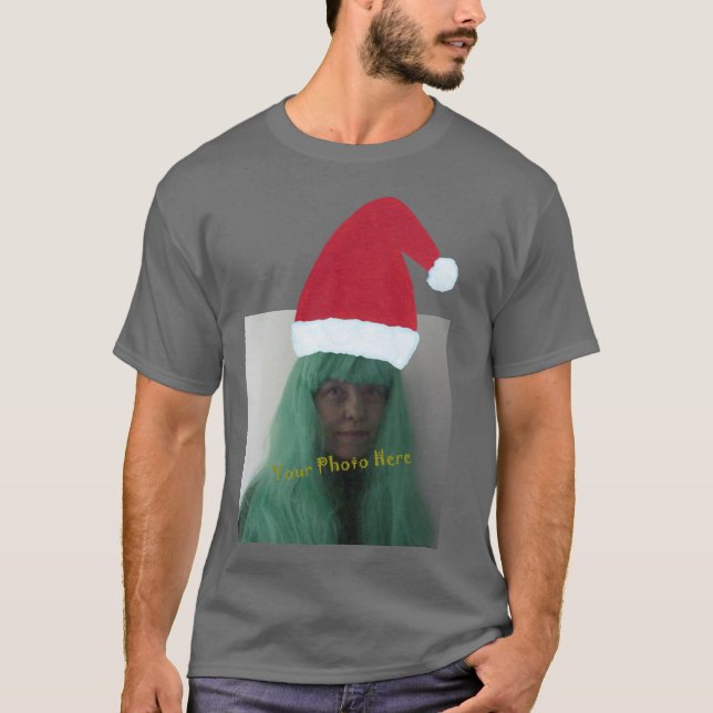 Camiseta DIY Adicionar foto sob o chapéu do Papai Noel na c (Frente)
