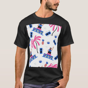 Camiseta DJ alegre, padrão de praia tropical.