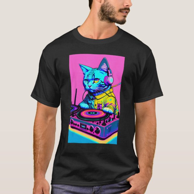 Camiseta DJ Cat Headphones Turntable DJ Mixer Dreamwave Sty (Frente)