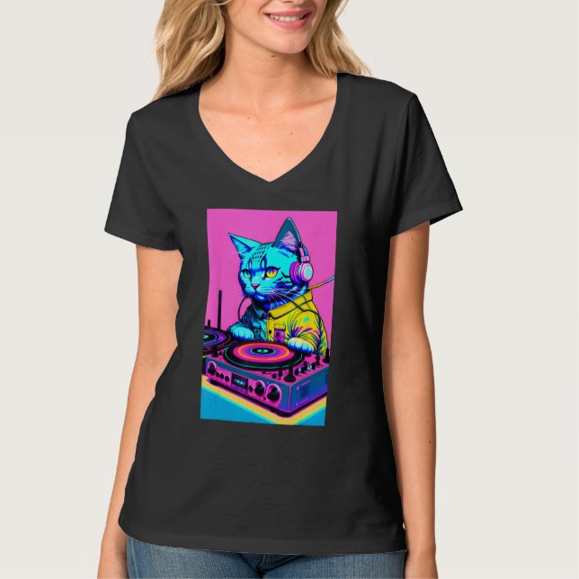 Camiseta DJ Cat Headphones Turntable DJ Mixer Dreamwave Sty (Frente)