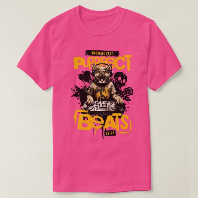Camiseta DJ Cat Purrfect Beats Meowsic Fest Turntable EDM G (Frente do Design)