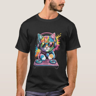 Camiseta DJ Gatinho em toca-discos Música Rave Sintetizador