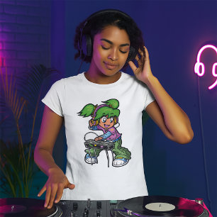 Camiseta DJ Girl com cabelo e Fones de ouvido verdes