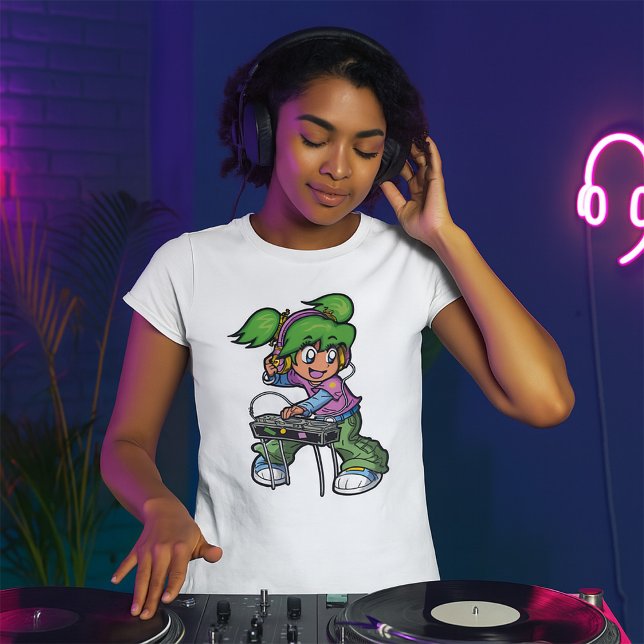 Camiseta DJ Girl com cabelo e Fones de ouvido verdes (Criador carregado)