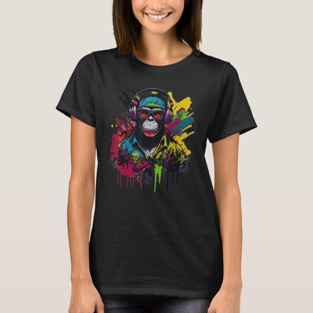Camiseta DJ Macaco Chimpanzé Com Óculos De Sol & Fones De O (Frente)