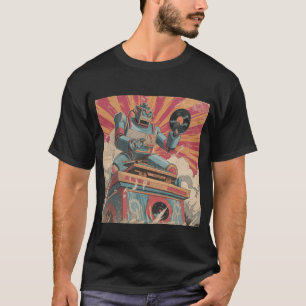 Camiseta DJ Robô Retro com Vinil — Explosão de Sol de Quadr