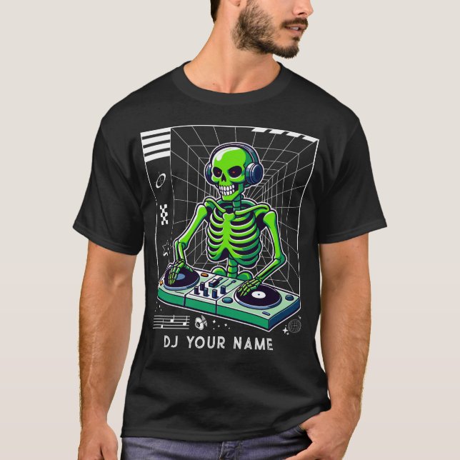 Camiseta DJ Skeleton no Turntable Club Music DJs Personaliz (Frente)
